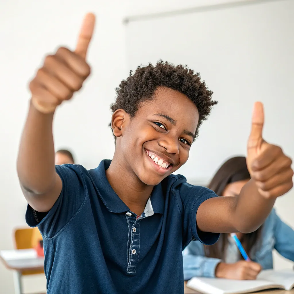 Smiling student giving a thumbs up