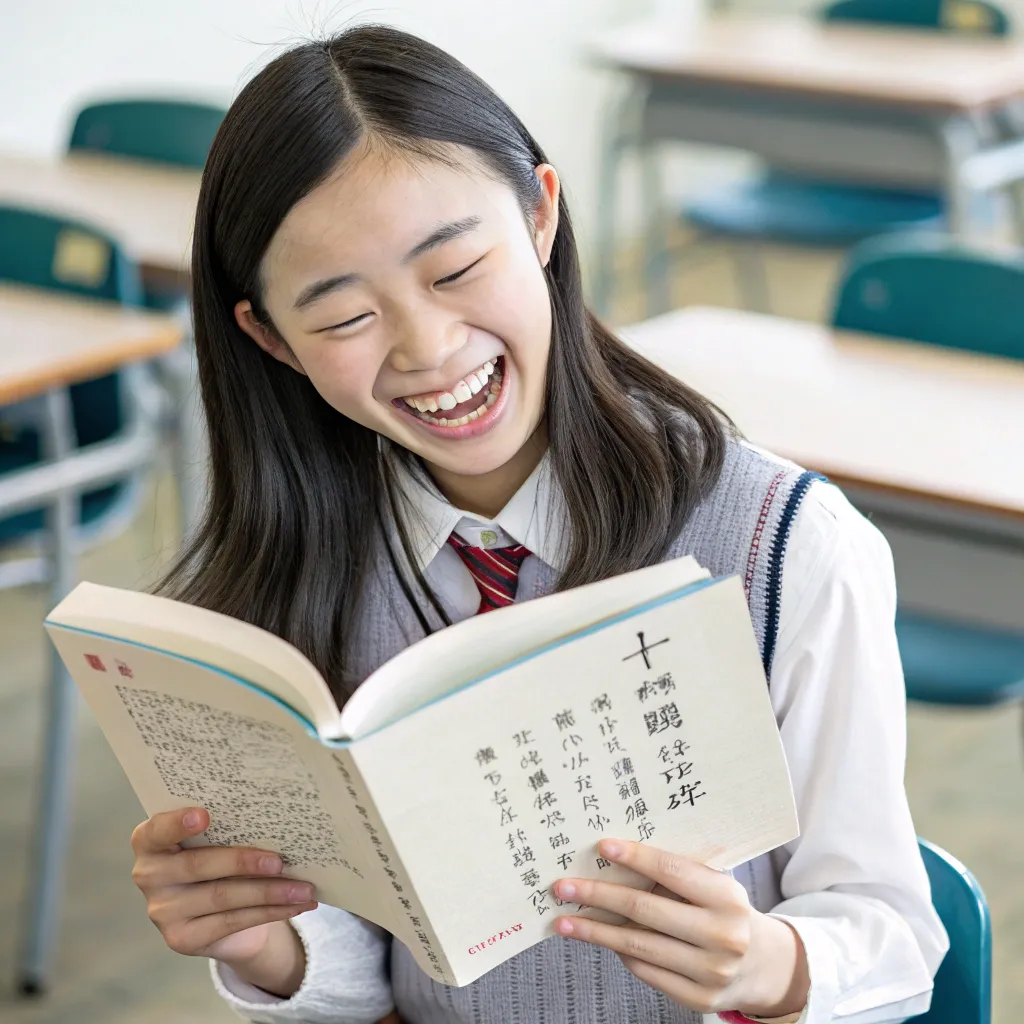 Happy student holding a Japanese textbook