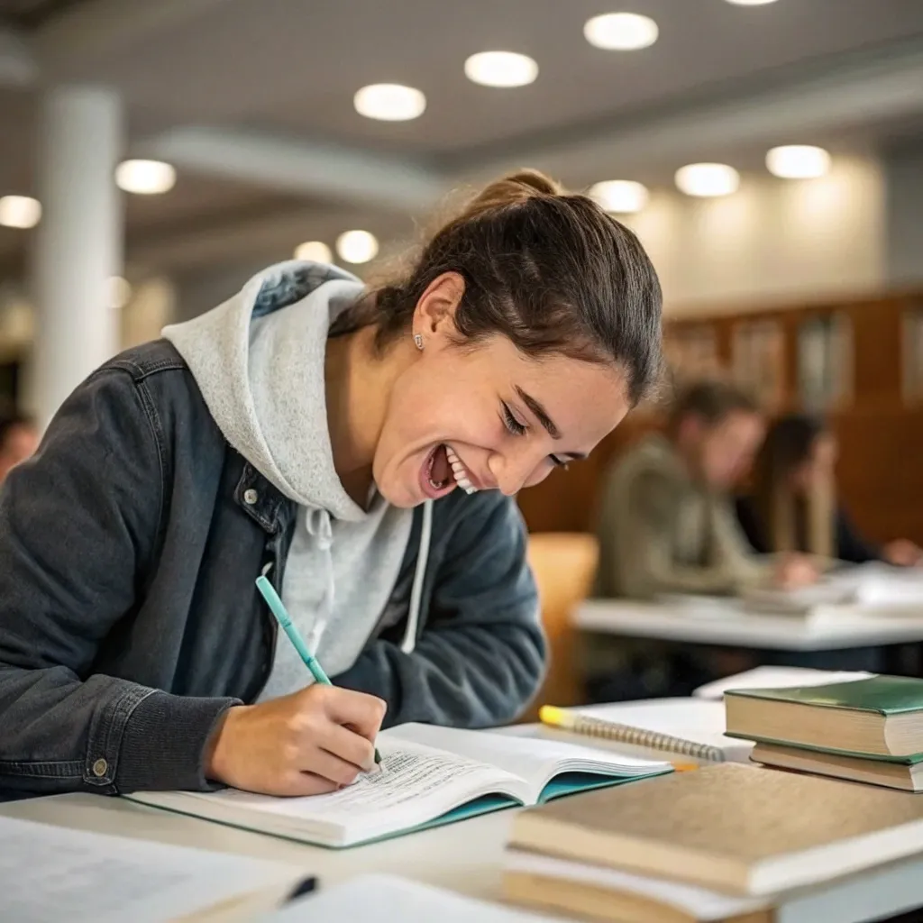 Student excitedly taking notes